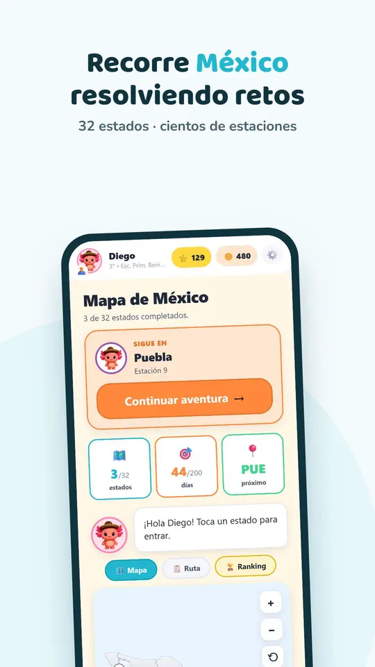 Pantalla de MateAventura: el mapa de México con la estación de Puebla y el botón Continuar aventura