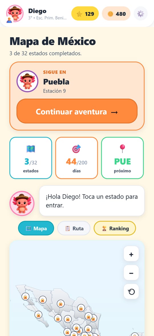 Pantalla del mapa de México en MateAventura: 3 de 32 estados completados y el botón Continuar aventura en Puebla