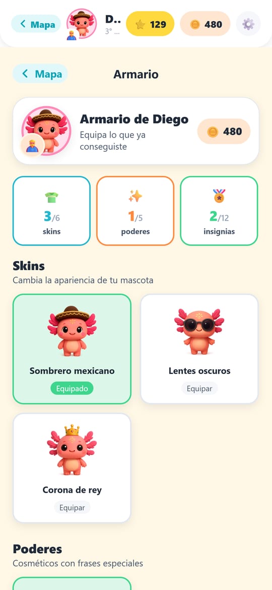Pantalla del armario de MateAventura: Axol con sombrero mexicano, lentes oscuros y corona de rey para equipar