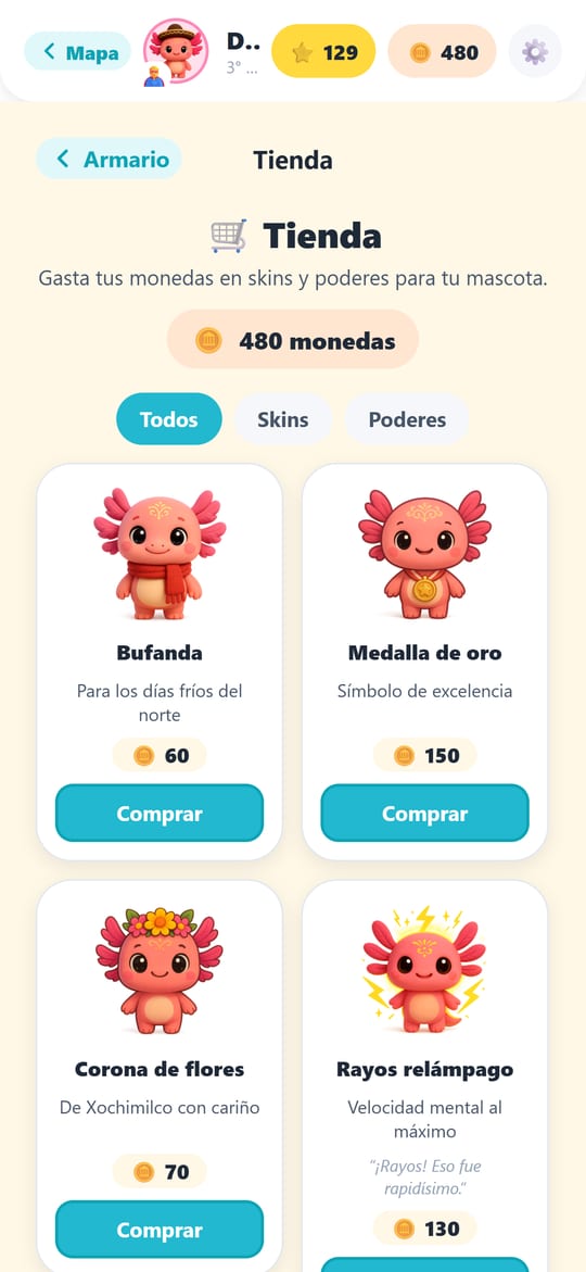 Pantalla de la tienda de MateAventura: skins como bufanda, medalla de oro y corona de flores a cambio de monedas del juego