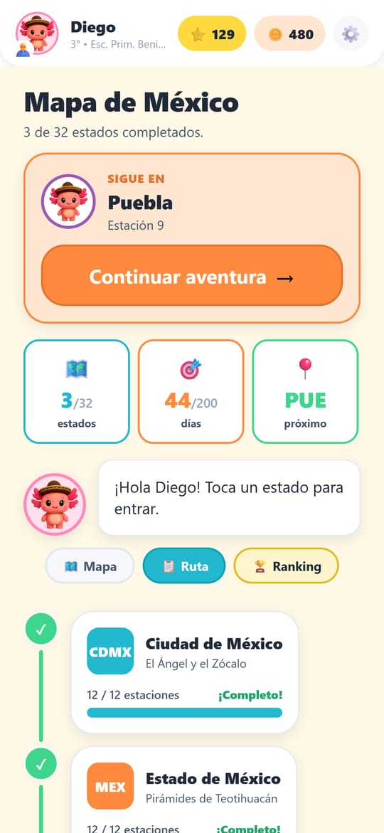 Pantalla de la ruta de MateAventura: Ciudad de México y Estado de México completados con 12 de 12 estaciones